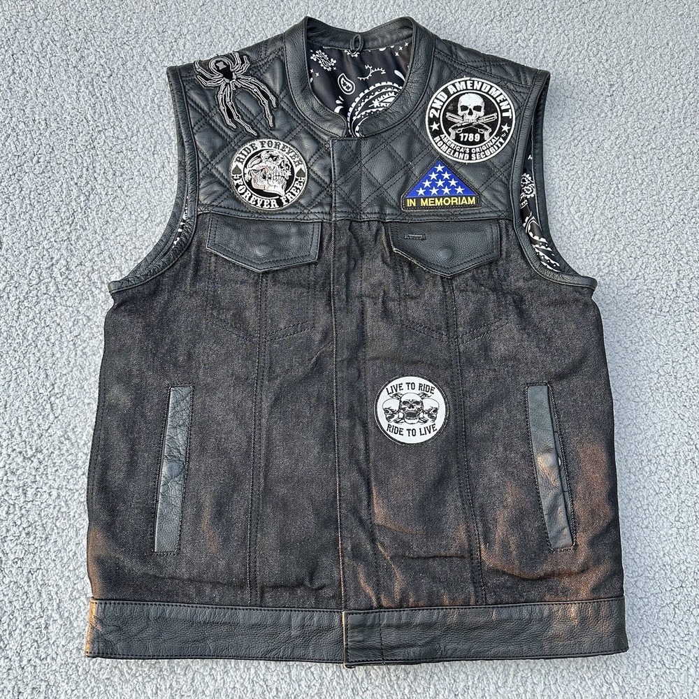 Unik Burn Out Series Men's Medium Black Denim & Leather Patched Motorcycle Vest